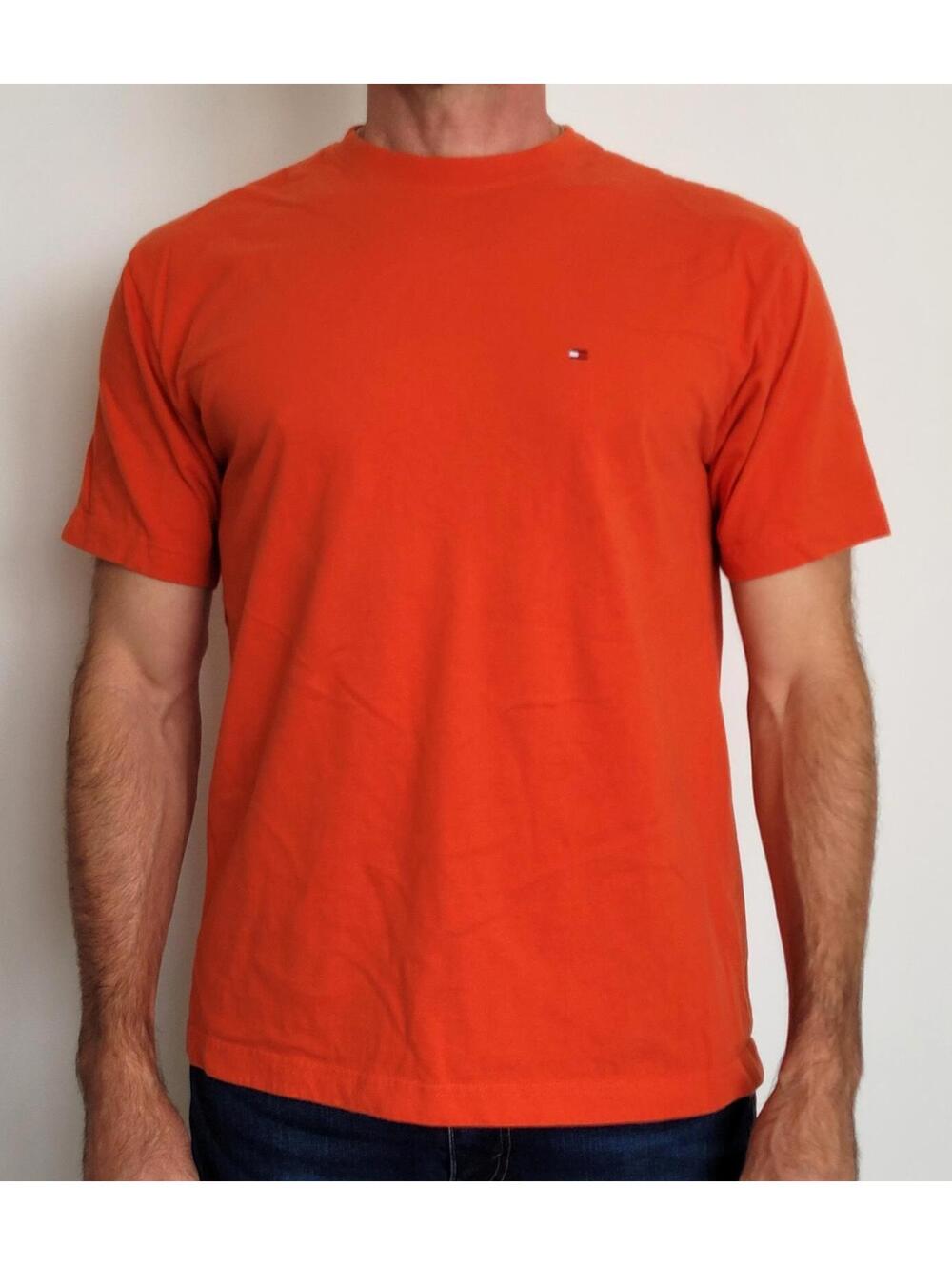 Tommy Hilfiger Men's Medium T-Shirt Orange 100% Cotton Crew Neck Flag Logo
